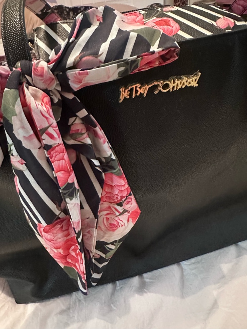 Betsey Johnson Black Tote with Pink Floral Scarf Accent and Wallet combo.